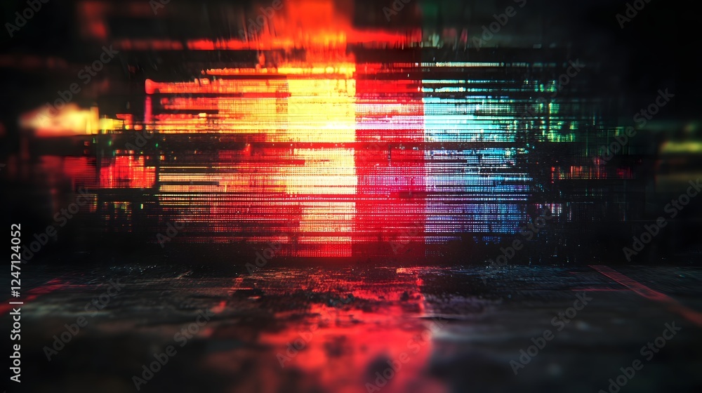 Poster glitch art explosion of abstract digital lights and vibrant patterns futuristic neon flashes distort