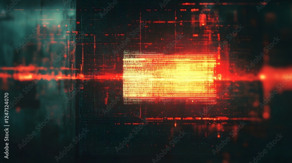 Poster Glitched and distorted digital abstract background with a dynamic pattern of neon geometric shapes lines and fractals in a dark futuristic and dystopian inspired space  A concept for technology