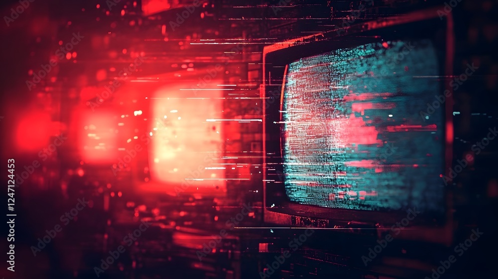 Poster Glitchy and distorted digital screen with a cyberpunk inspired neon red and blue futuristic technology abstract background  Featuring a data matrix and digital code elements