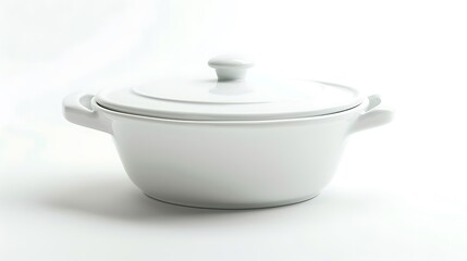 A durable white ceramic casserole dish with a lid on a white background