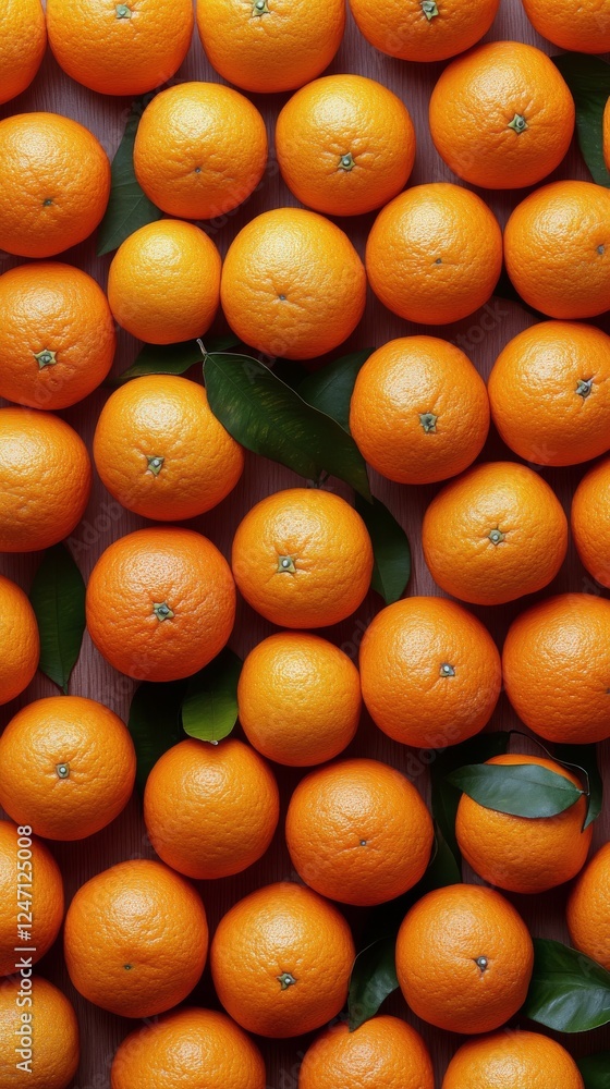 Poster fresh oranges arranged neatly with green leaves on a light background for a vibrant display