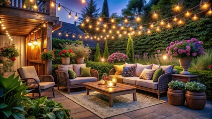 Fototapeta premium Night Garden Patio, String Lights, Cozy Living Room
