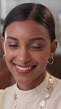 Face, business and woman in office, smile and confidence with financial auditor. Indian person, employee or consultant for taxes, accounting or investment growth with portfolio growth or actuary firm