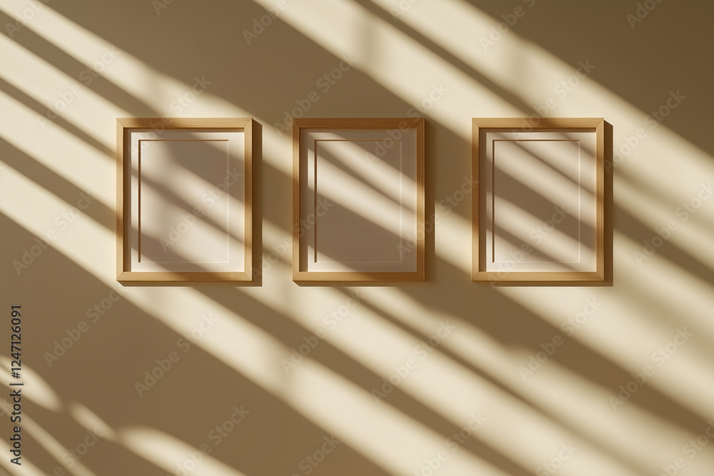 Poster light and shadow interplay on empty frames against a warm wall