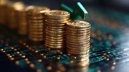 Stacks of Gold Coins on Circuit Board Technology Background. Generative AI