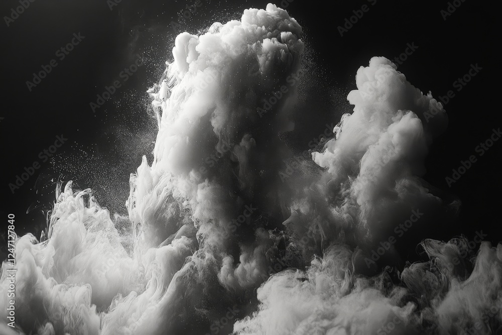 Poster dramatic waves crashing against each other creating a cloud of foam and mist in a dark background