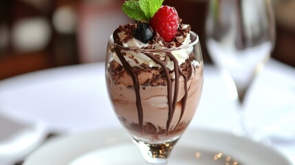 National Chocolate Parfait Day Delicious chocolate mousse dessert with fresh berries and mint in elegant glass setting