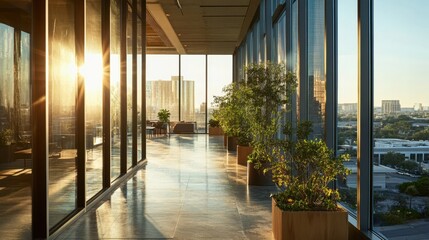 Modern urban office corridor with sunlit city view and greenery
