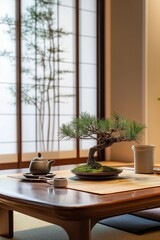 Tranquil japanese tea room with bonsai and ceramic teapot on wooden table