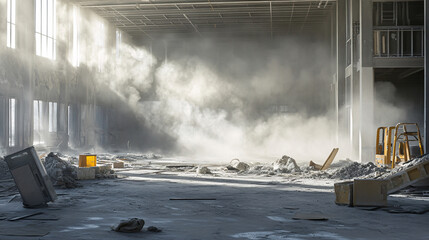 Clouds of fine glass wool dust particles surround a vacant construction site, scattered with tools and materials, highlighting the need for protective gear.