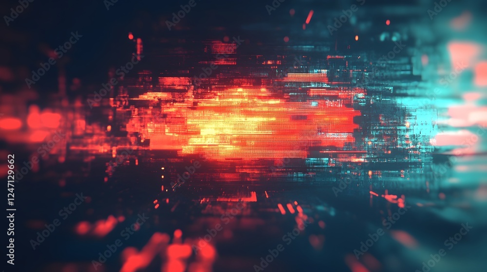 Poster Mesmerizing Futuristic Glitch Abstract Digital Art with Vibrant Color Patterns and Dynamic Luminous Flows  Surreal and visually captivating digital artwork featuring distorted glitching effects