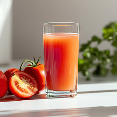 Glass of tomato juice, fresh tomato juice, tomato juice and tomatoes