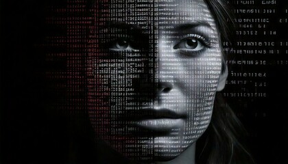 Metade na luz, metade na sombra, um rosto virado para o lado emerge da intera&ccedil;&atilde;o de contrastes e car&aacute;cteres em linguagem de programa&ccedil;&atilde;o.