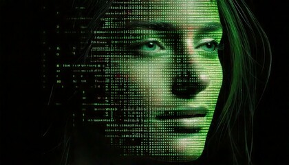 Metade na luz, metade na sombra, um rosto virado para o lado emerge da intera&ccedil;&atilde;o de contrastes e car&aacute;cteres em linguagem de programa&ccedil;&atilde;o.