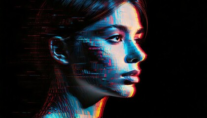 Metade na luz, metade na sombra, um rosto virado para o lado emerge da intera&ccedil;&atilde;o de contrastes e car&aacute;cteres em linguagem de programa&ccedil;&atilde;o.