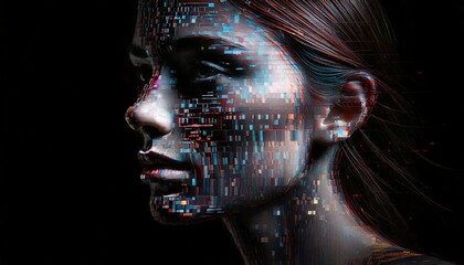 Metade na luz, metade na sombra, um rosto virado para o lado emerge da intera&ccedil;&atilde;o de contrastes e car&aacute;cteres em linguagem de programa&ccedil;&atilde;o.