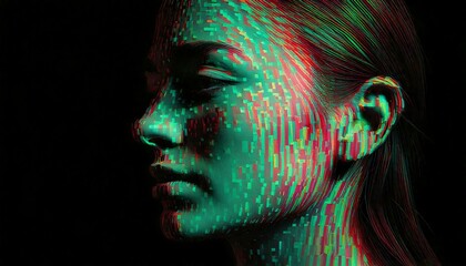 Metade na luz, metade na sombra, um rosto virado para o lado emerge da intera&ccedil;&atilde;o de contrastes e car&aacute;cteres em linguagem de programa&ccedil;&atilde;o.