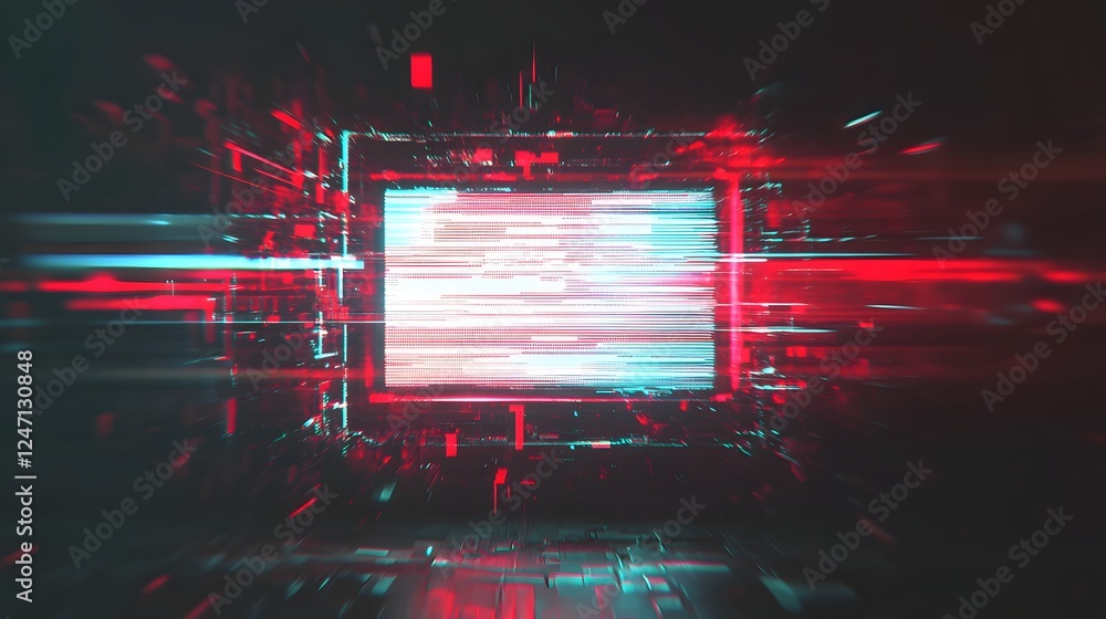 Poster Stunning glitch art composition featuring a vibrant digital landscape with dynamic neon colored abstract patterns distorted textures and pulsing futuristic lighting effects