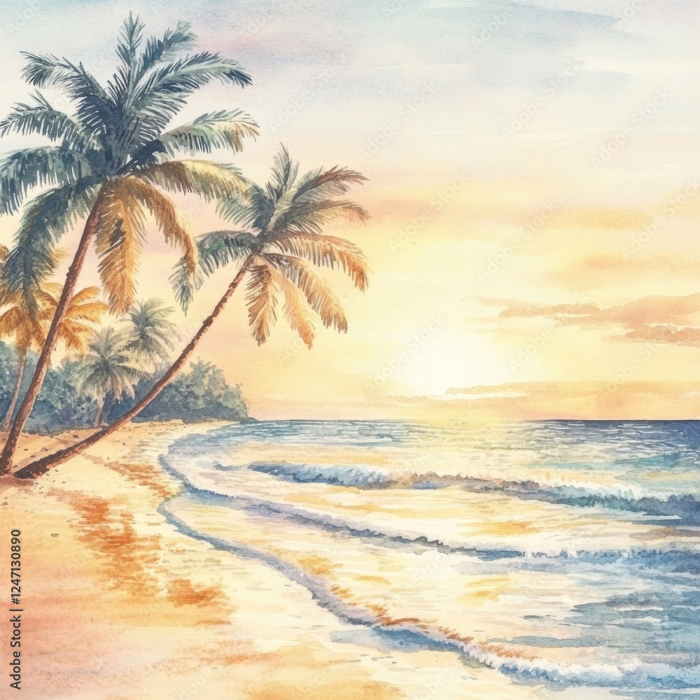 Poster serene tropical beach at sunrise with gentle waves and swaying palm trees in a watercolor illustrati