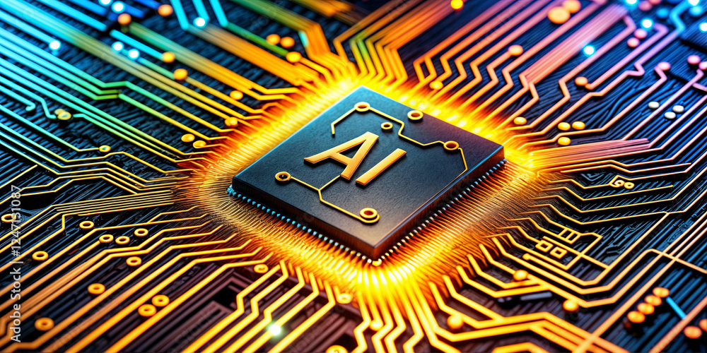 Poster intricate circuit board showcases a central processing unit with ai inscribed on it. bright, colorfu
