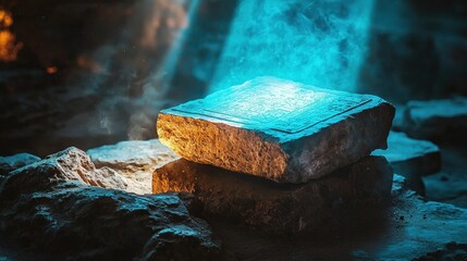 Glowing stone tablet with inscribed patterns, illuminated by a mystical light, suggesting ancient knowledge. Ideal for mythology, history, and fantasy themes.