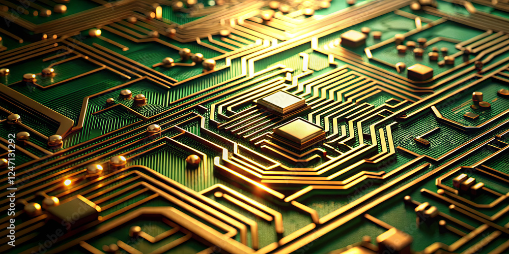Aufkleber a detailed view of a circuit board reveals an array of metallic connections and chips glimmering und