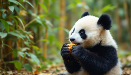 Fototapeta premium baby-panda-eating-food-in-the-bamboo-garden