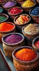 Fototapeta premium Diverse spices in wooden bowls displayed at vibrant market