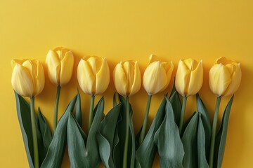 Obraz premium Bright yellow tulip on a vibrant yellow background showcasing nature's beauty and springtime freshness