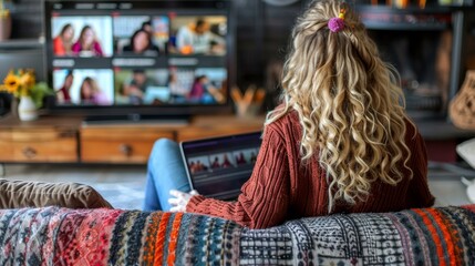Businesswoman in home office engaging in remote hybrid work and virtual team collaboration