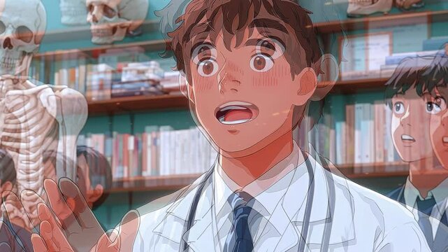 A dedicated anime surgeon enthusiastically engages medical students while presenting a case study. Anatomy models and books fill the classroom, emphasizing a learning atmosphere.