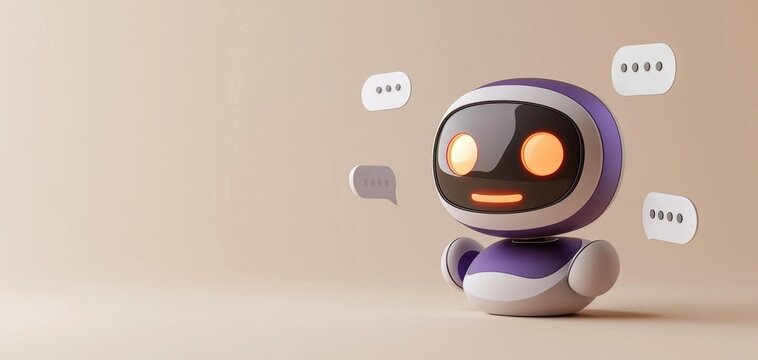 A sleek, purple chatbot with illuminated orange eyes, interacting through floating white and gray speech bubbles on a minimalist beige backdrop