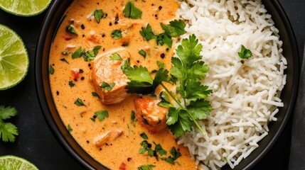 Creamy chicken curry with steamed basmati rice and fresh herbs. National Curry Week