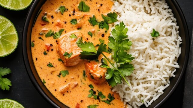Creamy chicken curry with steamed basmati rice and fresh herbs. National Curry Week - Powered by Adobe