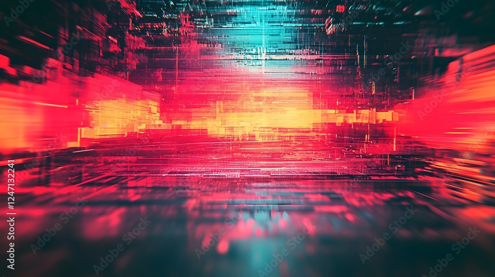 Poster vibrant abstract kinetic energy explosion with glitch art effects featuring dynamic lighting neon co