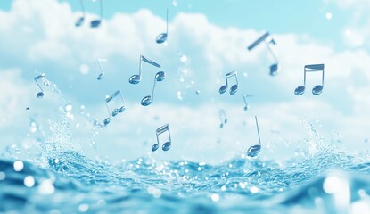 Musical notes float above sparkling water under a clear blue sky on a serene day
