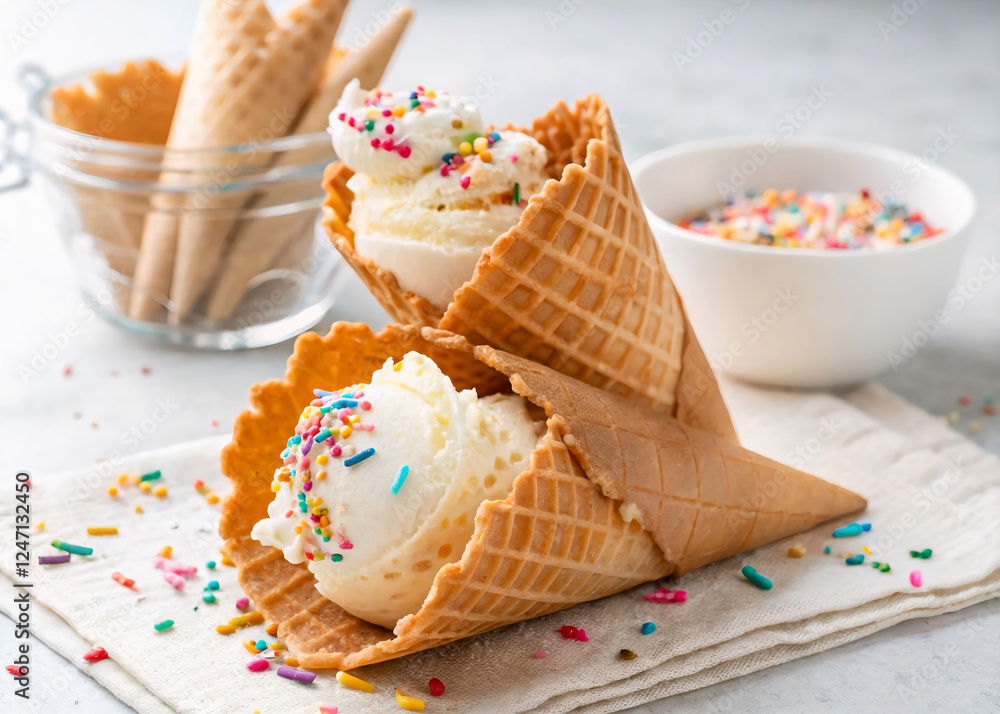 Poster A close-up of two scoops of vanilla ice cream in a waffle cone, accompanied by a bowl of colorful sprinkles and a glass container filled with more ice cream cones. The scene is set on a white surface 