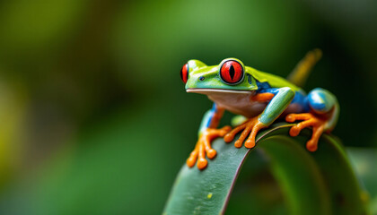 Naklejka premium Red Eyed Tree Frog, Agalychnis Callidryas, on a Leaf with Black Background