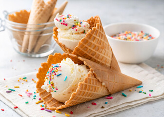 A close-up of two scoops of vanilla ice cream in a waffle cone, accompanied by a bowl of colorful sprinkles and a glass container filled with more ice cream cones. The scene is set on a white surface 