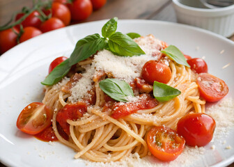 A close-up of a plate of spaghetti topped with a rich tomato sauce, garnished with fresh basil leaves. The plate is placed on a wooden surface, and there's a bowl to the side. The colors are vibrant, 