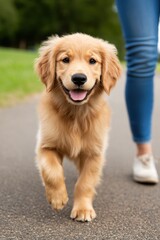 National Walk Your Dog Day Golden retriever puppy walking on path with female owner outdoors