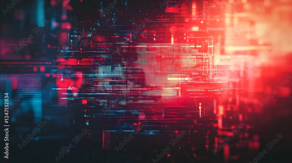 Poster Vibrant and dynamic digital glitch distortion creating a futuristic abstract cityscape or landscape background  The image is filled with vivid neon colors interference patterns and a surreal