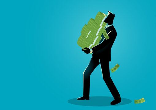 Businessman lifting a large stack of money, represents financial success, hard work, and achievement. Themes for finance, wealth, business growth, or corporate success