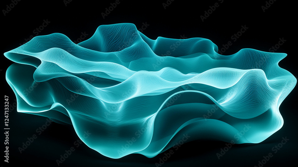 Poster abstract glowing fluid shape in teal, with glowing soft curves and intricate texture details, symbol