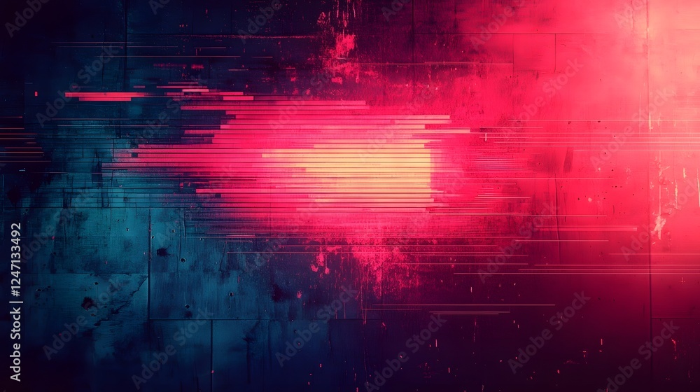 Poster Vibrant digital glitch art with neon lights colorful geometric patterns and a sense of energy and motion  The image evokes a futuristic technological atmosphere with its abstract experimental design