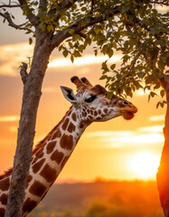 African Giraffe in front of an acacia tree at sunset
