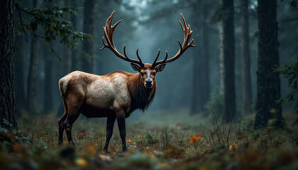 Fototapeta premium Elk or Moose, Alces alces in the dark forest during rainy day. Beautiful animal in the nature habitat. Wildlife scene from Sweden.