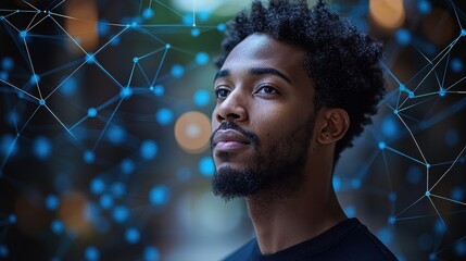 A thoughtful individual surrounded by a digital network of connections.