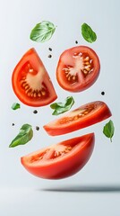 Sliced ​​Fruits, Vegetables and Greens Floating with Water Drops, Abstract Image, Texture, Pattern Background, Wallpaper, Cover and Screen for Smartphone, PC, Laptop, 9:16 and 16:9 Format