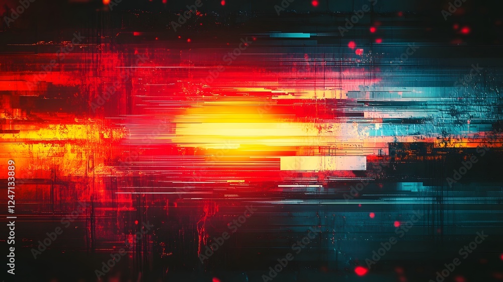 Poster Vibrant digital glitch art with neon lights pulsating colors and a futuristic abstract composition  This dynamic and captivating digital artwork showcases a mesmerizing blend of technology creativity